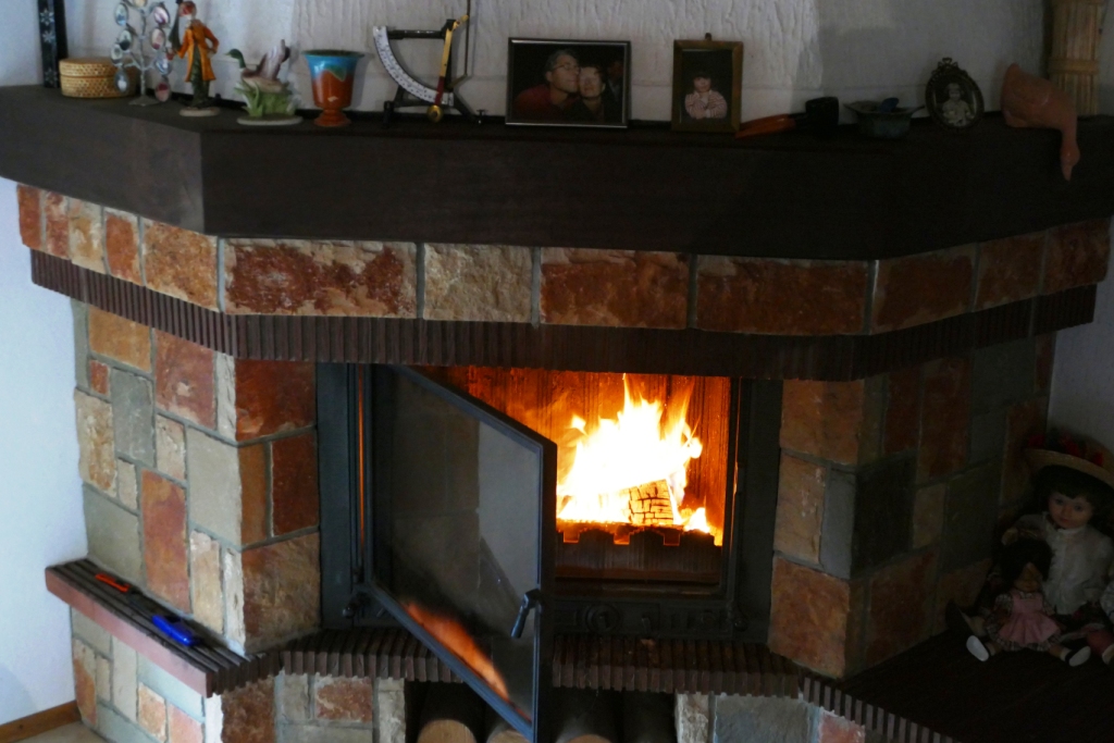 Heizkamin im Wohnzimmer mit leicht geöffneter Türe